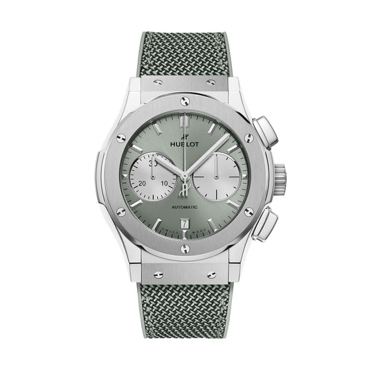 Unworn, Hublot Classic Fusion Chronograph Titanium Sage Green, Ref# 521.NX.891G.NR, box and papers.