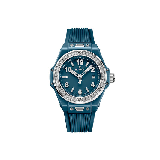 Unworn Hublot Big Bang One Click Petrol Blue Ceramic Diamonds 33, 485.ES.5171.RX.1204, box and papers