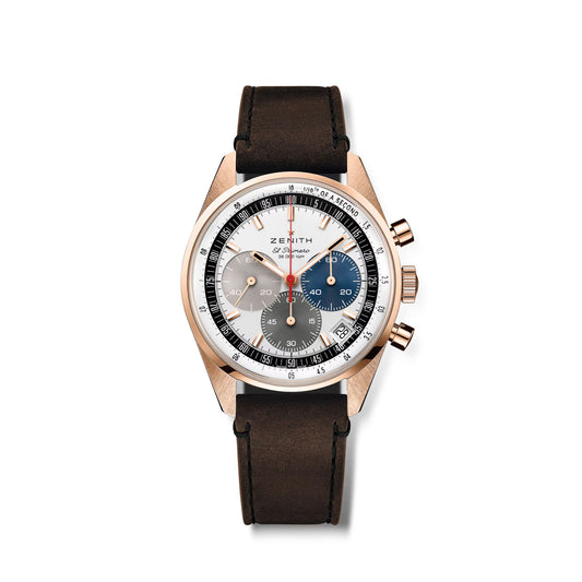 Zenith chronograph watch with a rose gold case, black leather strap, and three color dials.
