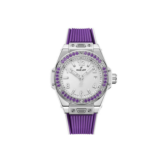 Unworn Hublot Big Bang Joyful Steel Purple, Ref# 485.SV.2210.RX.1205, box and papers.