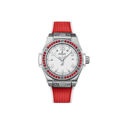 Unworn Hublot Big Bang One Click Joyful Steel Red 33, 485.SR.2210.RX.1213, box and papers