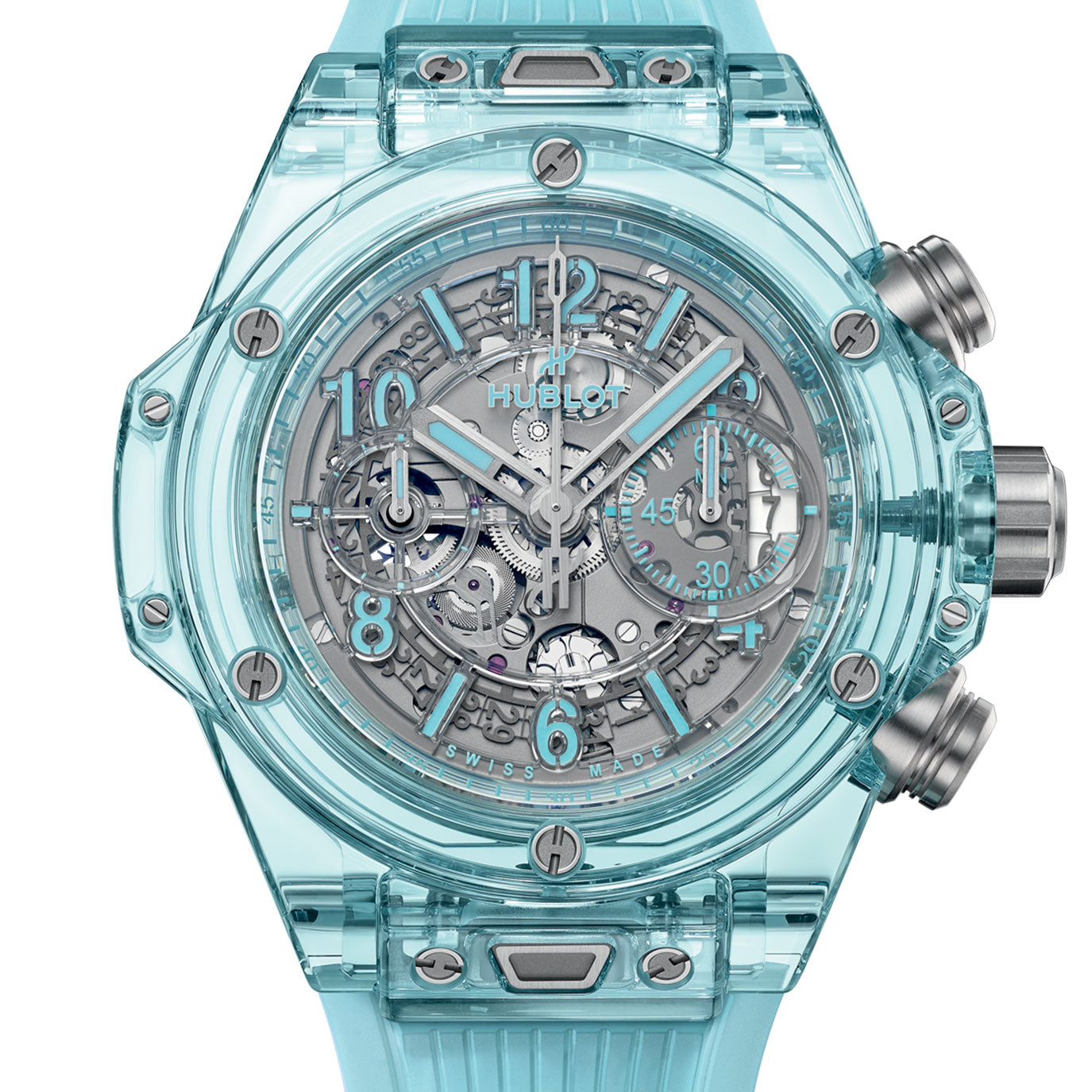Unworn Hublot Big Bang Unico Water Blue Sapphire 44, 421.JL.4890.RT, box and papers
