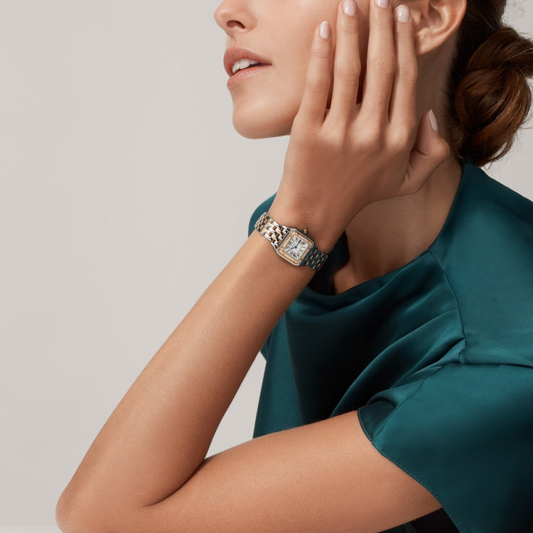 Unworn Cartier Panthère de Cartier, Stainless Steel, 18k Rose Gold and Diamonds, 22mm x 30mm, Ref# W3PN0006, watch on hand