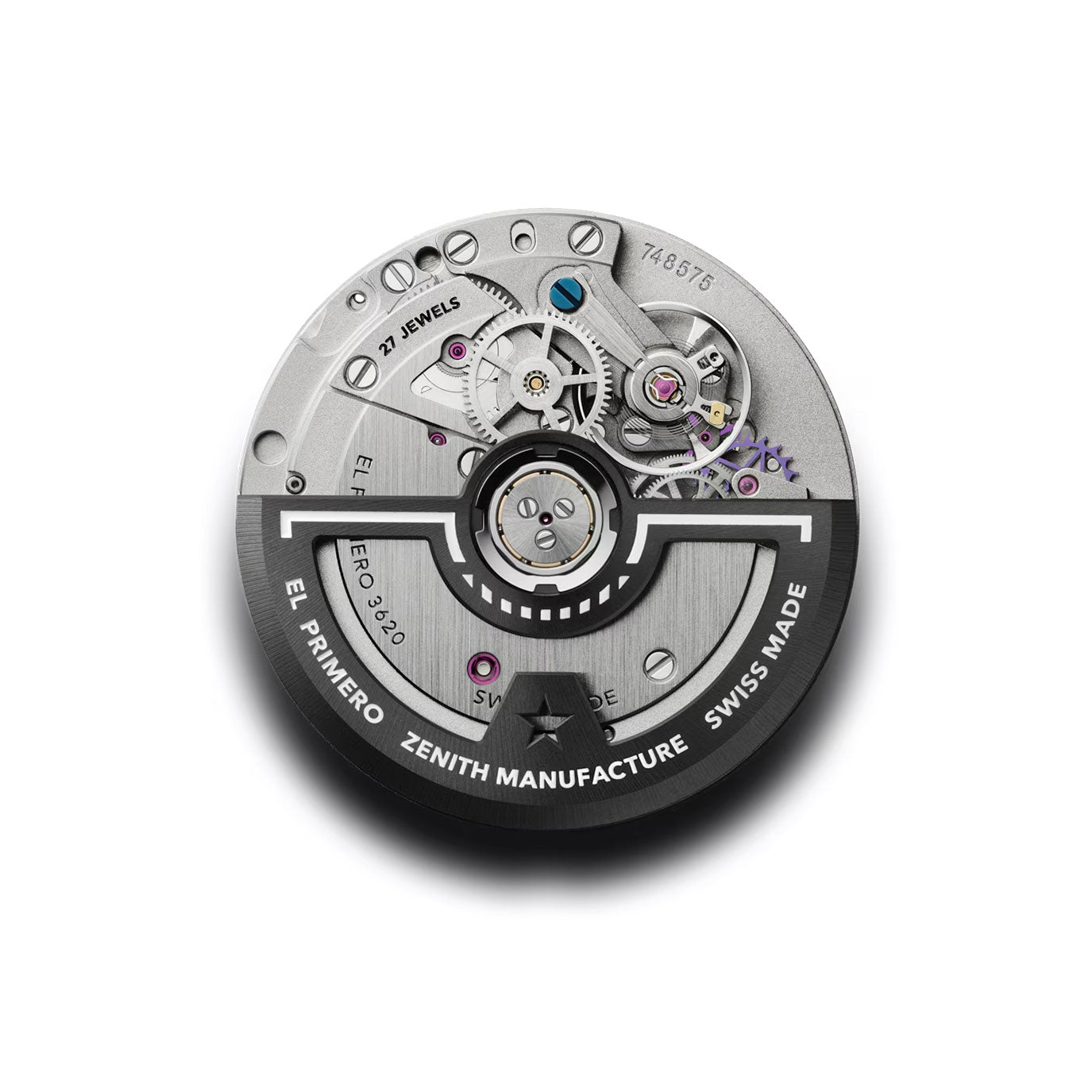 Detailed watch movement showing gears and markings, labeled "El Primero" and "Zenith Manufacture."