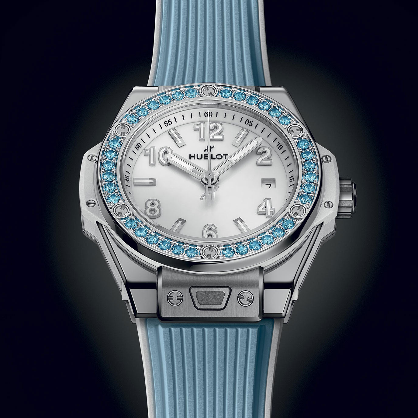 Unworn Hublot Big Bang One Click Joyful Steel Sky Blue 33, 485.SL.2210.RX.1207, box and papers