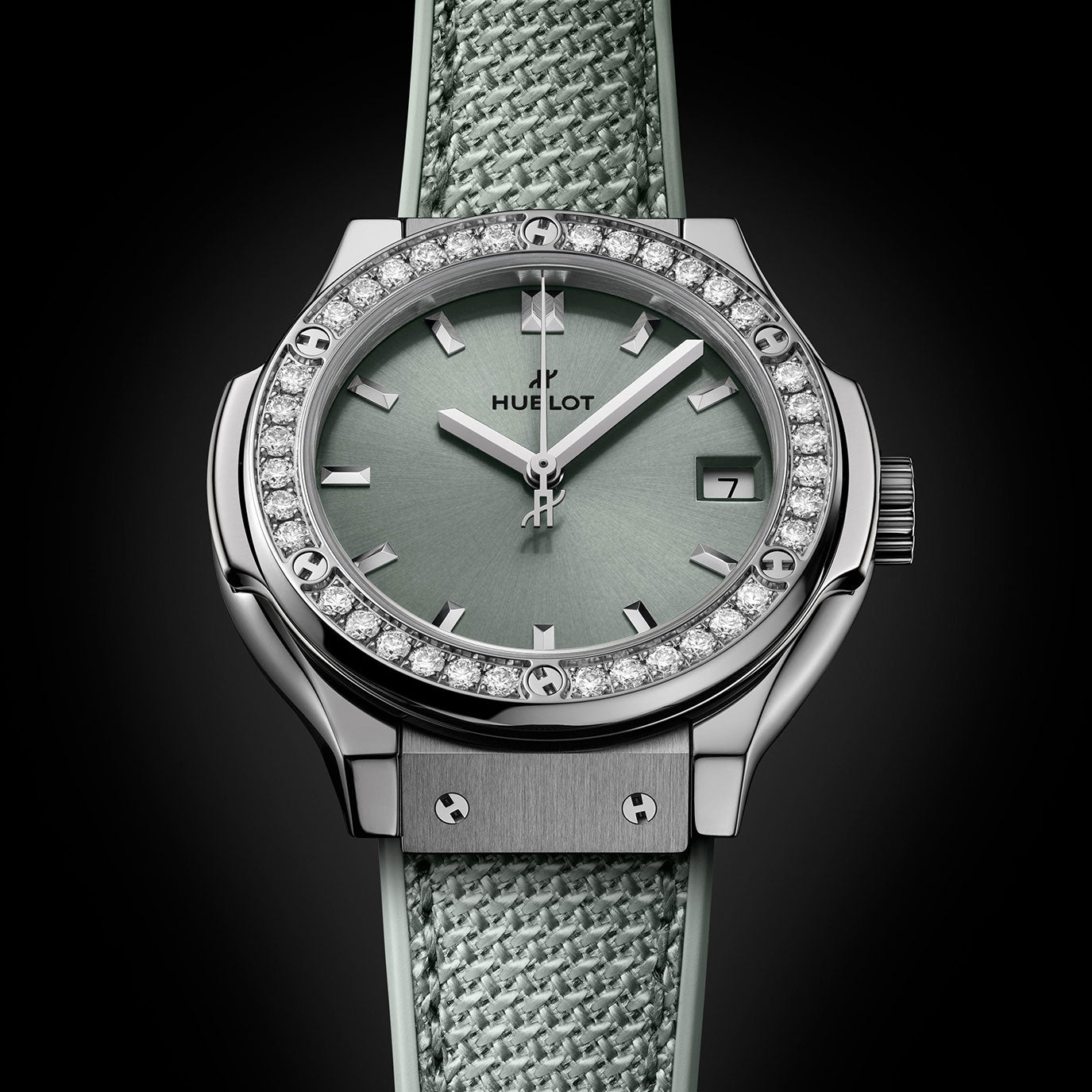 Unnworn, Hublot Classic Fusion Titanium Sage Green Diamonds, Ref# 581.NX.891G.NR.1104, box and papers.