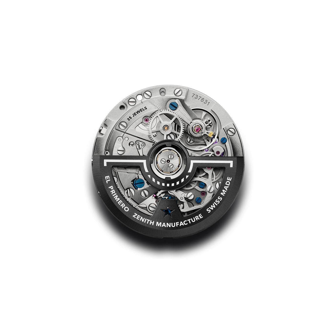 Close-up of a silver watch movement with intricate gears and colorful jewels.