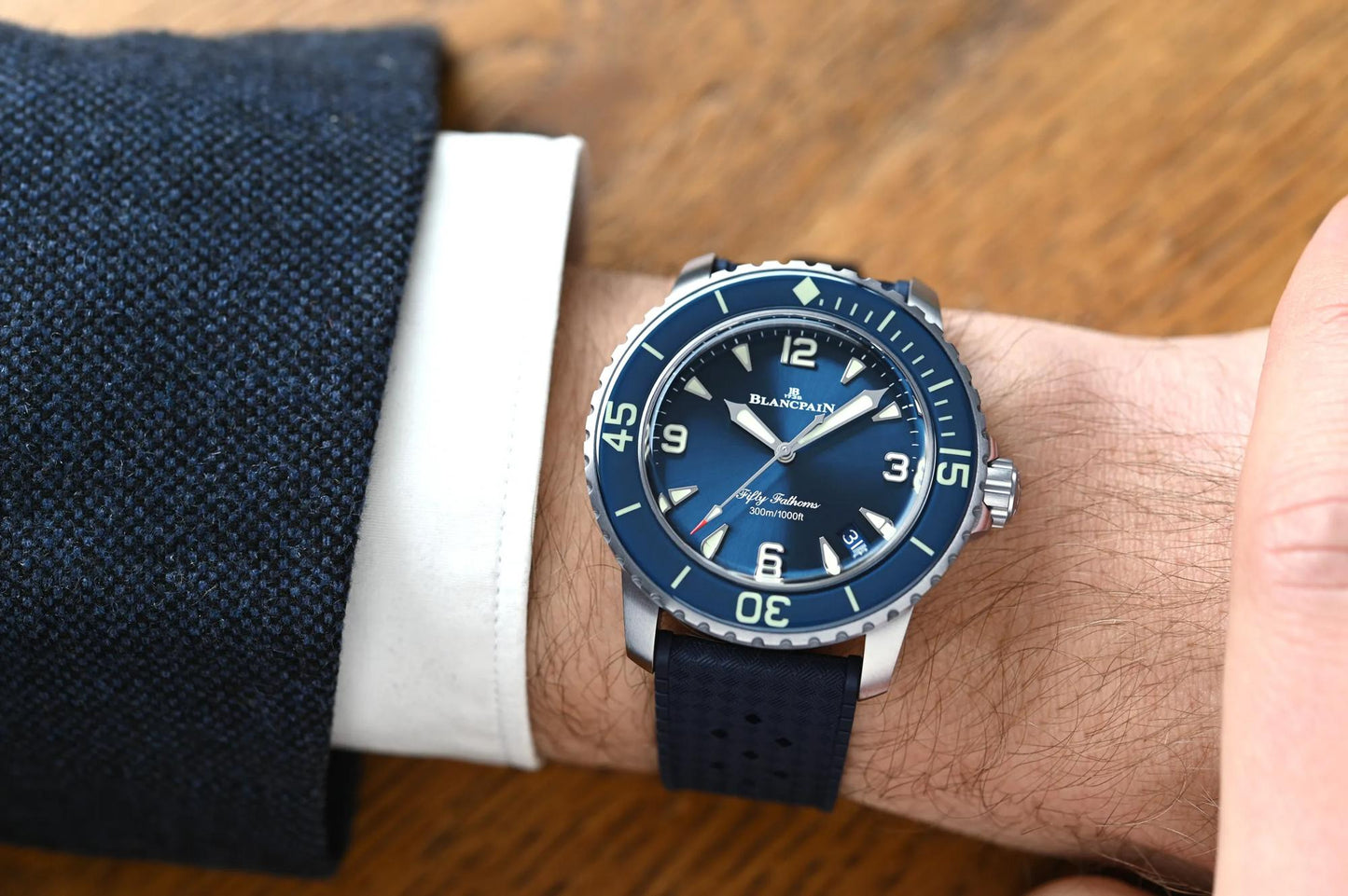 Unworn Blancpain Fifty Fathoms Automatique, Titanium, 42.3mm, Ref# 5010-12B40-O64A, Watch on hand
