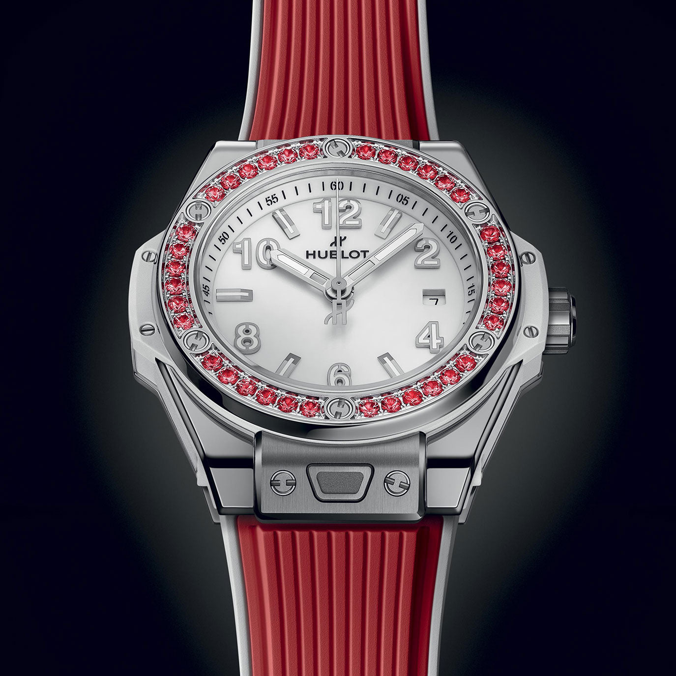 Unworn Hublot Big Bang One Click Joyful Steel Red 33, 485.SR.2210.RX.1213, box and papers