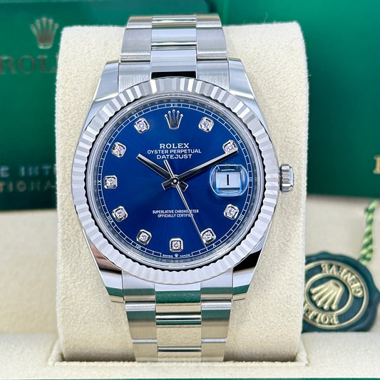 Rolex, Datejust 41, Oystersteel and 18k White Gold, Bright Blue with Diamonds Dial, Oyster 126334-0015