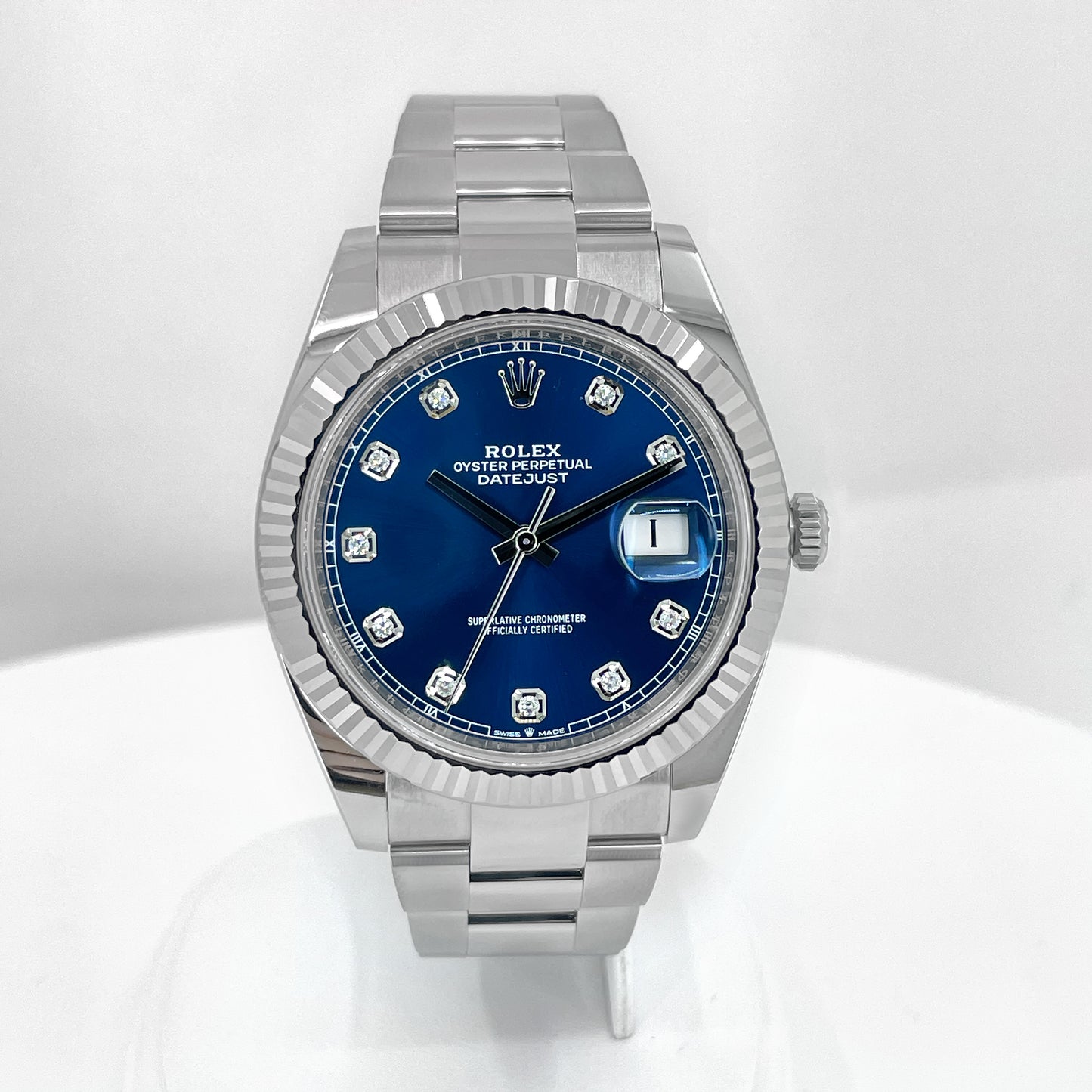 Rolex, Datejust 41, Oystersteel and 18k White Gold, Bright Blue with Diamonds Dial, Oyster 126334-0015