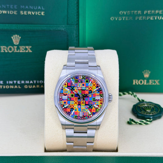 Unworn 2026, Rolex Oyster Perpetual 36, Oystersteel, 36mm, Multicoloured Jubilee motif dial, Domed Oyster, Ref# 126000-0016, box and papers