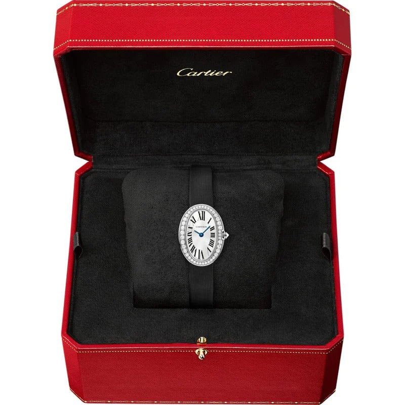 Unworn Cartier Baignoire Mini, 18k White Gold set with Diamonds, 25.30mm x 20.79mm, Ref# WB520027, Watch in box