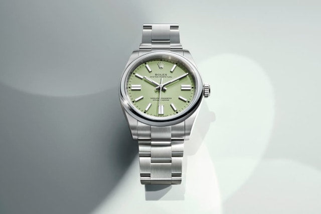 Unworn 2025, Rolex Oyster Perpetual, Oystersteel 41mm, Pistachio-green dial, Domed Oyster, Ref# 134300-0006, box and papers, Main view