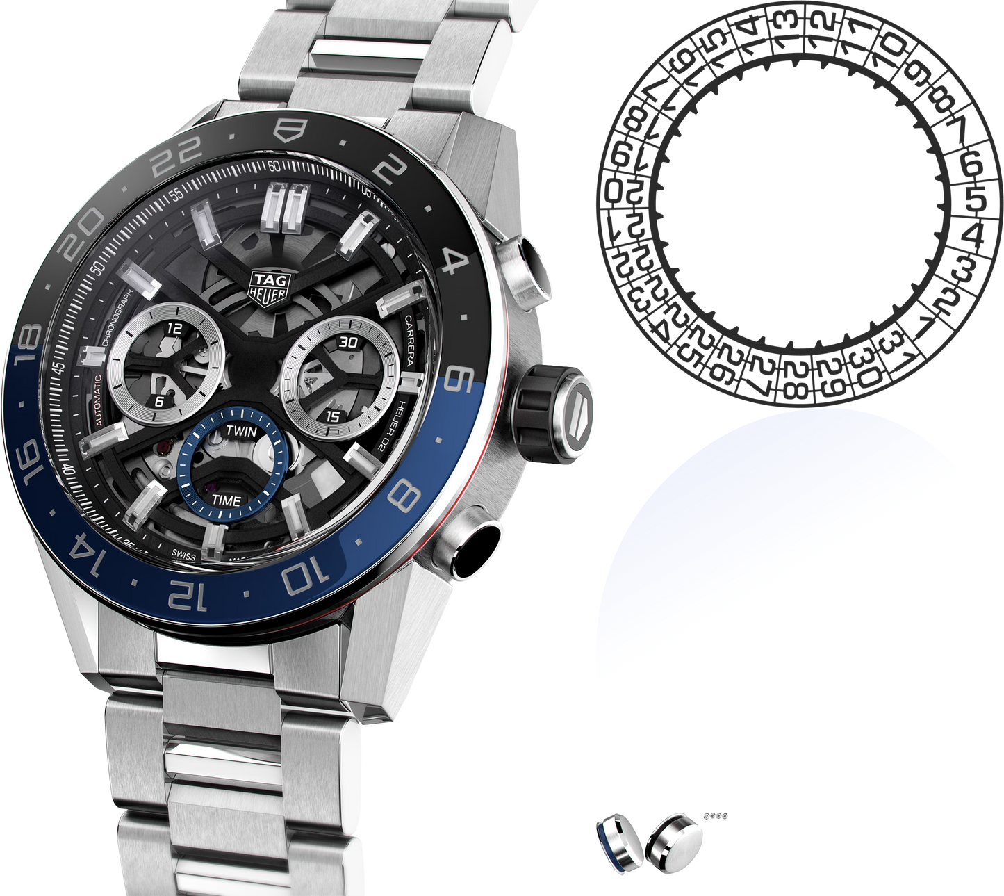Unworn TAG Heuer Carrera Chronograph Twin-Time, Stainless Steel and Ceramic, 45mm, Ref#CBG2A1Z.BA0658, Dial right