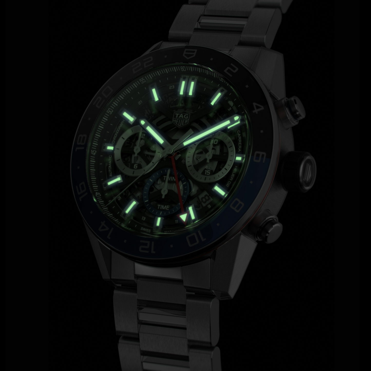 Unworn TAG Heuer Carrera Chronograph Twin-Time, Stainless Steel and Ceramic, 45mm, Ref#CBG2A1Z.BA0658, Luminous