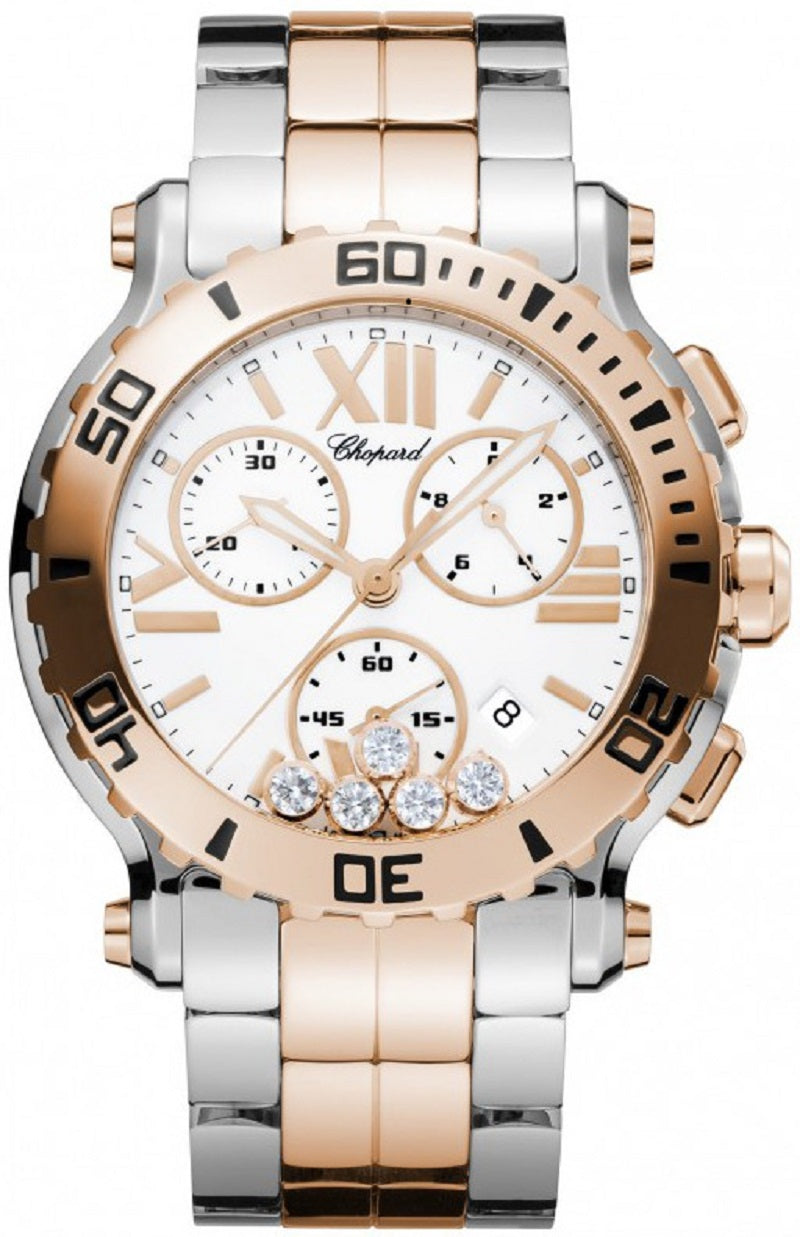 Unworn Chopard Happy Sport Chronograph, Stainless Steel and 18k Rose Gold, 5 floating diamonds, 42mm, Ref# 288499-6002