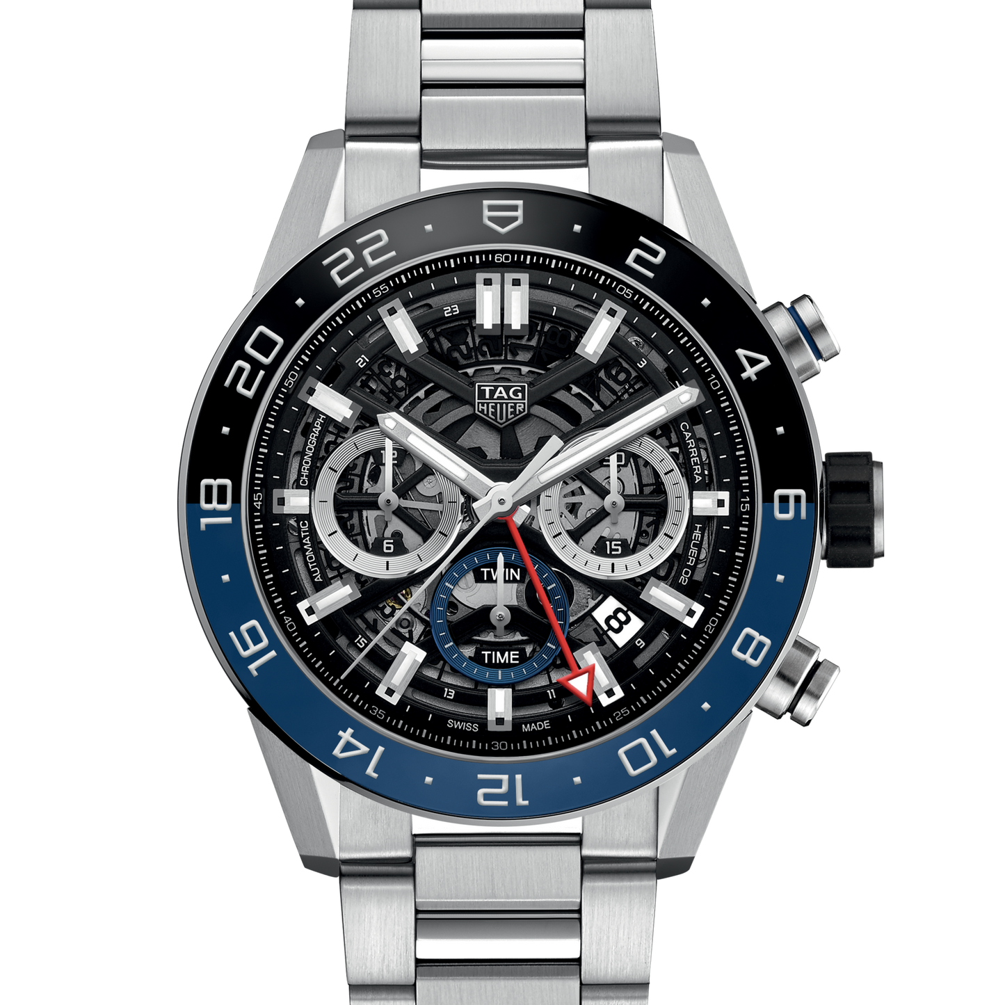 Unworn TAG Heuer Carrera Chronograph Twin-Time, Stainless Steel and Ceramic, 45mm, Ref#CBG2A1Z.BA0658, Dial
