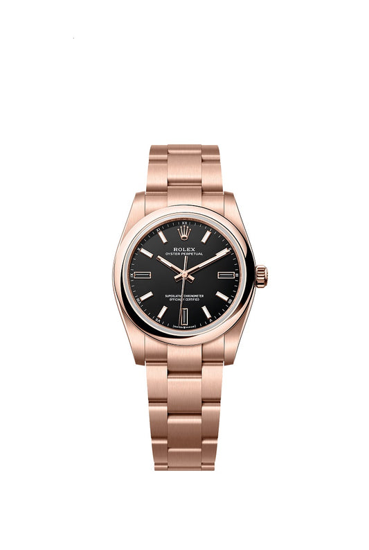 Rolex Oyster Perpetual 34, 18k Everose Gold, 34mm, Black dial, Domed Oyster, Ref# 124205-0001