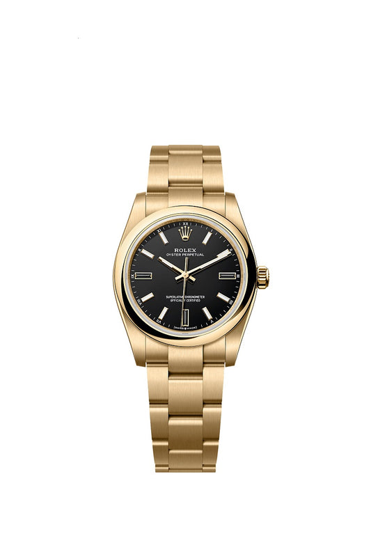Rolex Oyster Perpetual 34, 18k Yellow Gold, 34mm, Black dial, Domed Oyster, Ref# 124208-0001