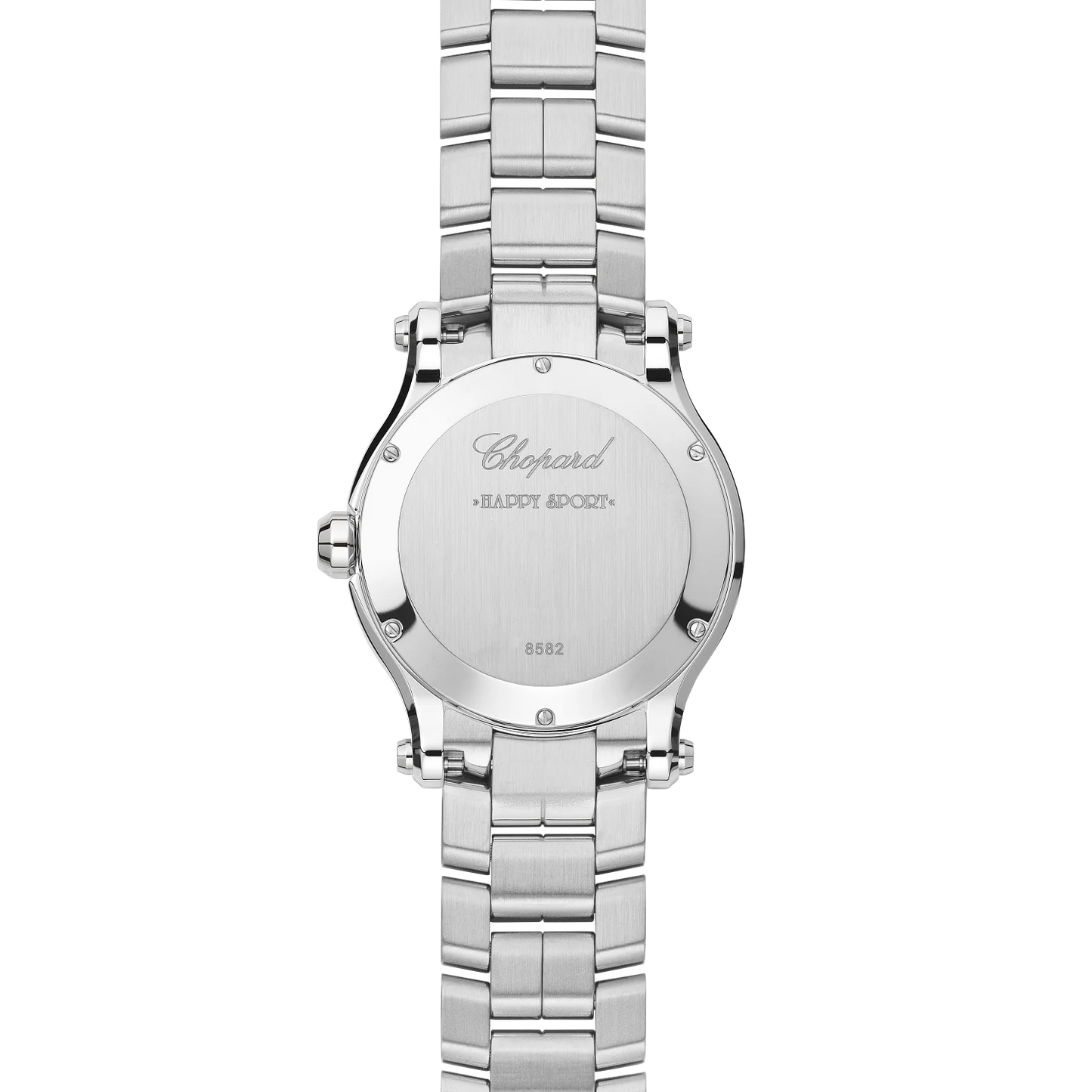 Unworn Chopard Happy Sport Quartz, Stainless Steel, 5 floating diamonds, 36mm, Ref# 278582-3004, Back
