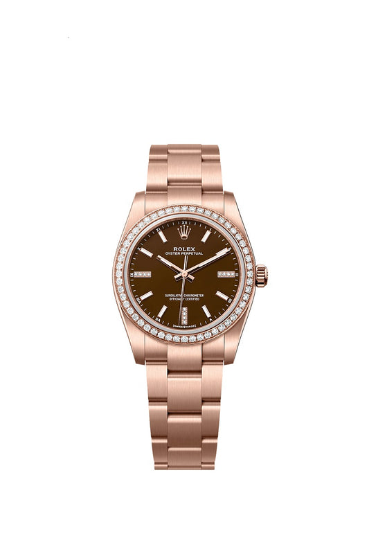 Rolex Oyster Perpetual 34, 18k Everose Gold and Diamonds, 34mm, Brown Stone dial, Oyster, Ref# 124245rbr-0001