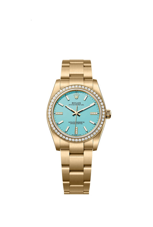 Rolex Oyster Perpetual 34, 18k Yellow Gold and Diamonds, 34mm, Turquoise Blue dial, Oyster, Ref# 124248rbr-0002