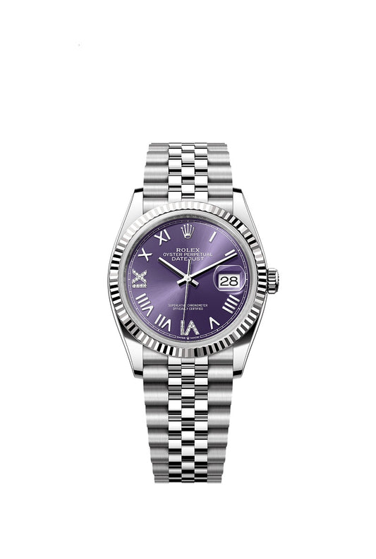 Rolex Datejust 36, Oystersteel and 18k White Gold, Aubergine set with diamonds dial, Fluted Jubilee, Ref# 126234-0063