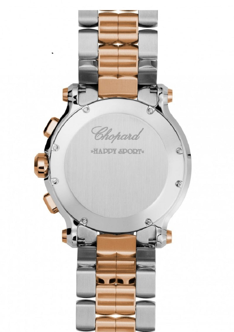 Unworn Chopard Happy Sport Chronograph, Stainless Steel and 18k Rose Gold, 5 floating diamonds, 42mm, Ref# 288499-6002, Back