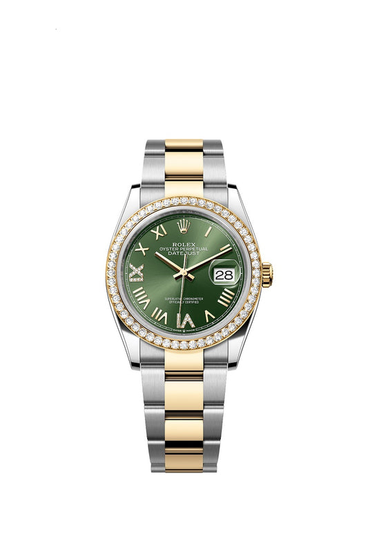 Rolex Datejust 36, Oystersteel and 18k Yellow Gold, Olive green sunray set with Diamonds dial, Diamond-set bezel Oyster, Ref# 126283RBR-0036