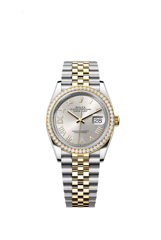 Rolex Datejust 36, Oystersteel and 18k Yellow Gold, Silver sunray set with Diamonds dial, Diamond-set bezel Jubilee, Ref# 126283RBR-0037