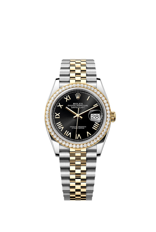 Rolex Datejust 36, Oystersteel and 18k Yellow Gold, Bright black sunray Roman dial, Diamond-set bezel Jubilee, Ref# 126283RBR-0041