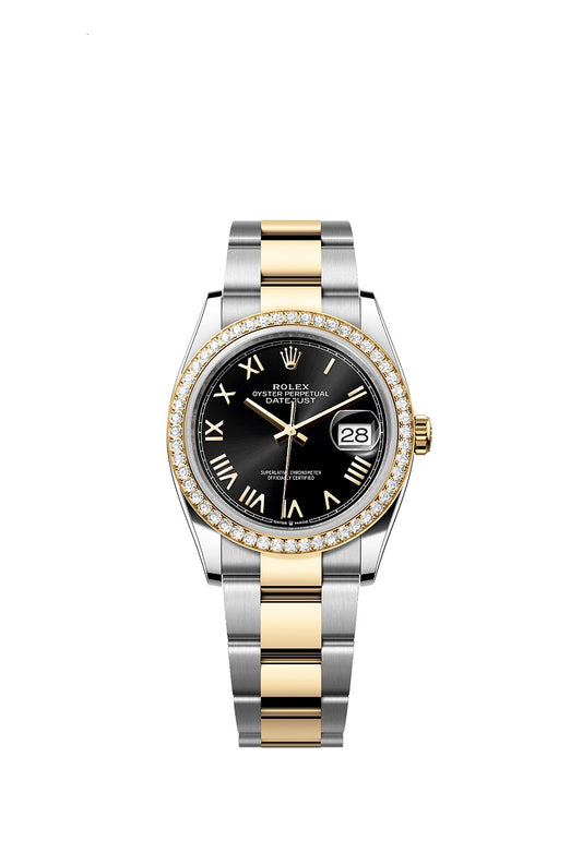 Rolex Datejust 36, Oystersteel and 18k Yellow Gold, Bright black sunray Roman dial, Diamond-set bezel Oyster, Ref# 126283RBR-0042