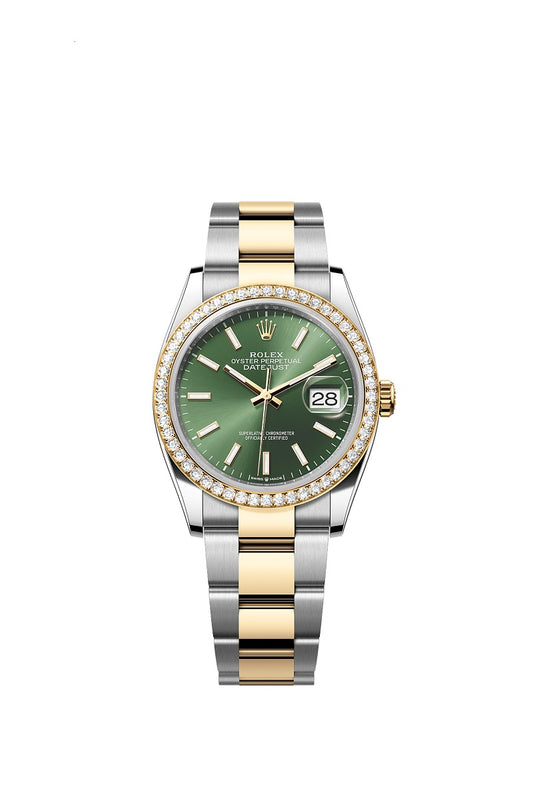Rolex Datejust 36, Oystersteel and 18k Yellow Gold, Olive green sunray dial, Diamond-set bezel Oyster, Ref# 126283RBR-0044
