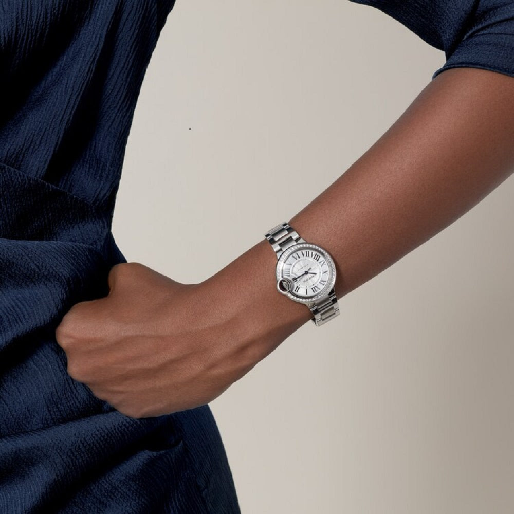 Cartier Ballon Bleu de Cartier, Stainless Steel and 50 Diamonds, 33mm, Ref# W4BB0023, Watch on hand