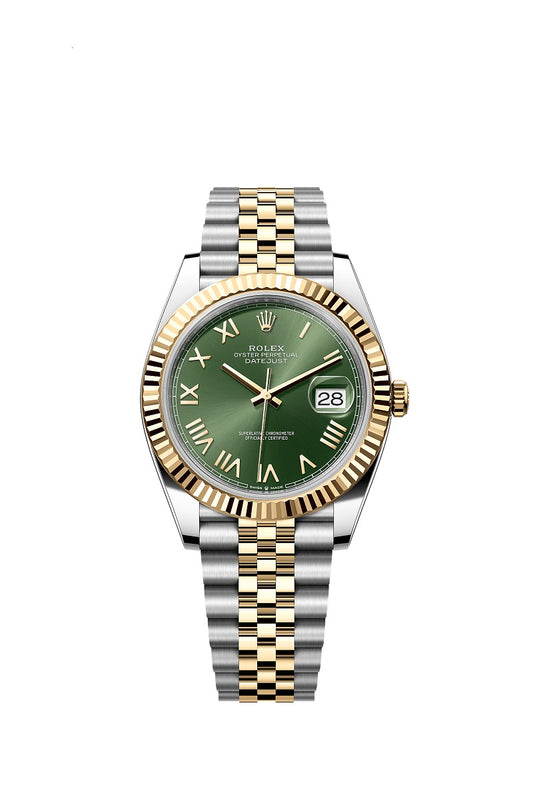 Rolex Datejust 41, Oystersteel and 18k Yellow Gold, Olive green Roman sunray dial, Fluted Jubilee, Ref# 126333-0024