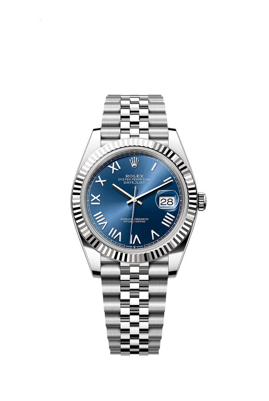Rolex Datejust 41, Oystersteel and 18k White Gold, Bright blue sunray Roman dial, Fluted Jubilee, Ref# 126334-0038