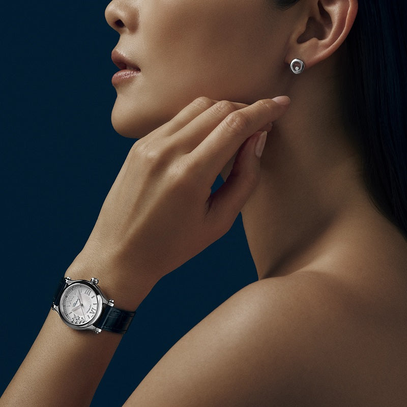 Chopard Happy Sport, Stainless Steel and 5 floating diamonds, 30mm, Ref# 278573-3011, Watch on hand