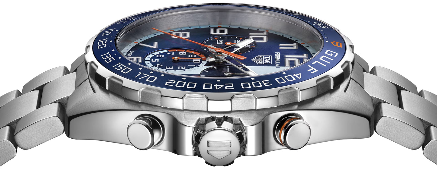 TAG Heuer Formula 1 Chronograph x Gulf, Stainless Steel, 43mm, Ref# CAZ101AT.BA0842, Crown