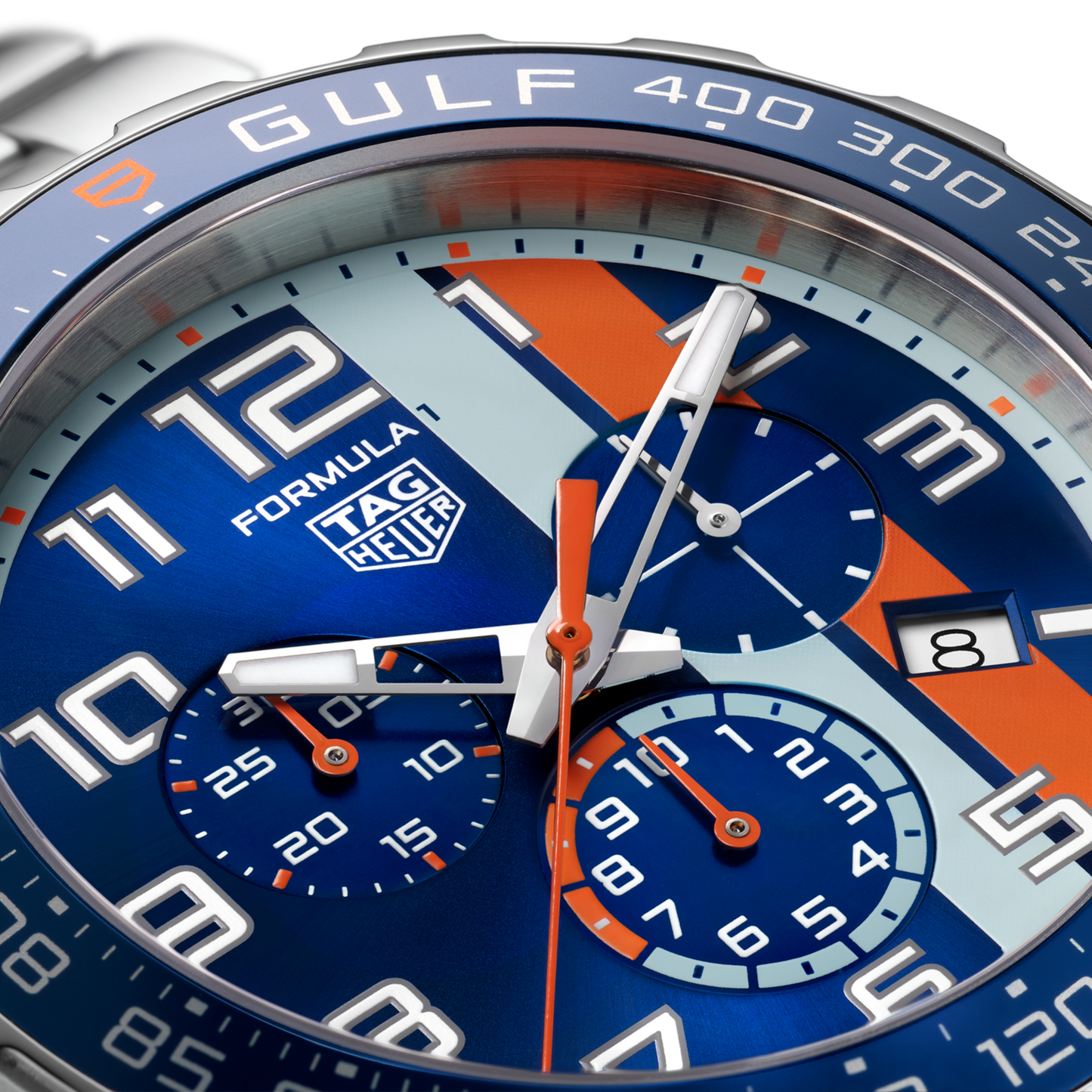 TAG Heuer Formula 1 Chronograph x Gulf, Stainless Steel, 43mm, Ref# CAZ101AT.BA0842, Hours and Markers