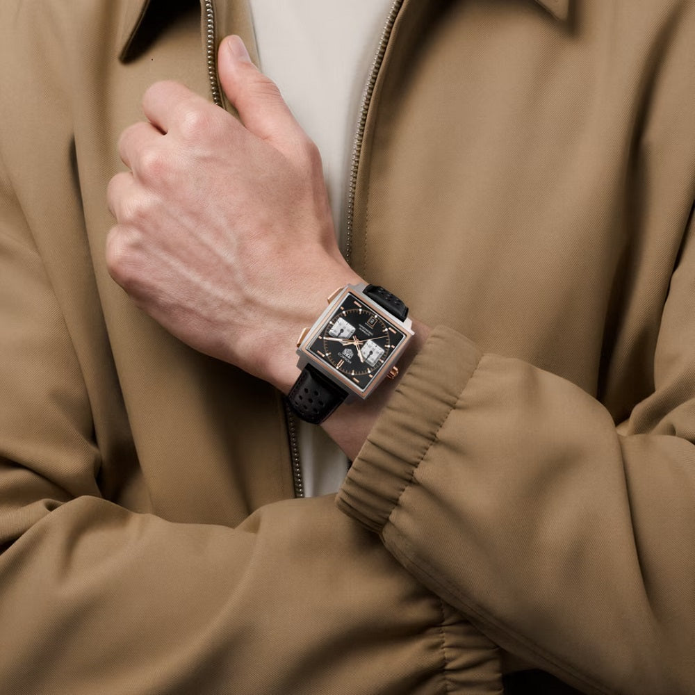 TAG Heuer Monaco Chronograph Automatic 39mm Titanium and 18k 5N Rose Gold, Ref# CDW2150.FC8360, Watch on hand