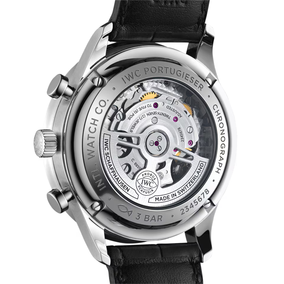 Unworn IWC Portugieser Automatic Chronograph, Stainless steel, 41 mm, Ref# IW371606, Back