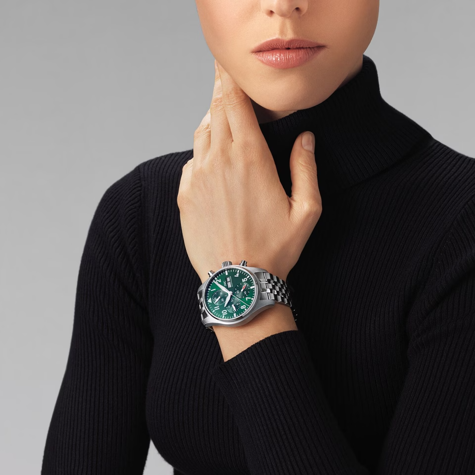 Unworn IWC Pilot's Watch Chronograph 41, Stainless Steel, 41mm, Ref# IW388104, Watch on women hand