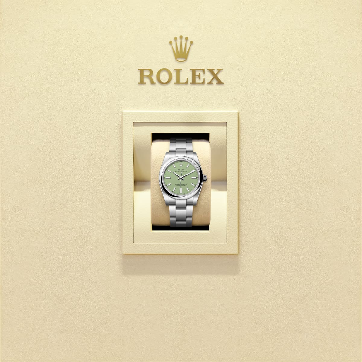 Unworn 2025, Rolex Oyster Perpetual, Oystersteel, 34mm, Pistachio-green dial, Domed Oyster, Ref# 124200-0006, box and papers, Watch in box