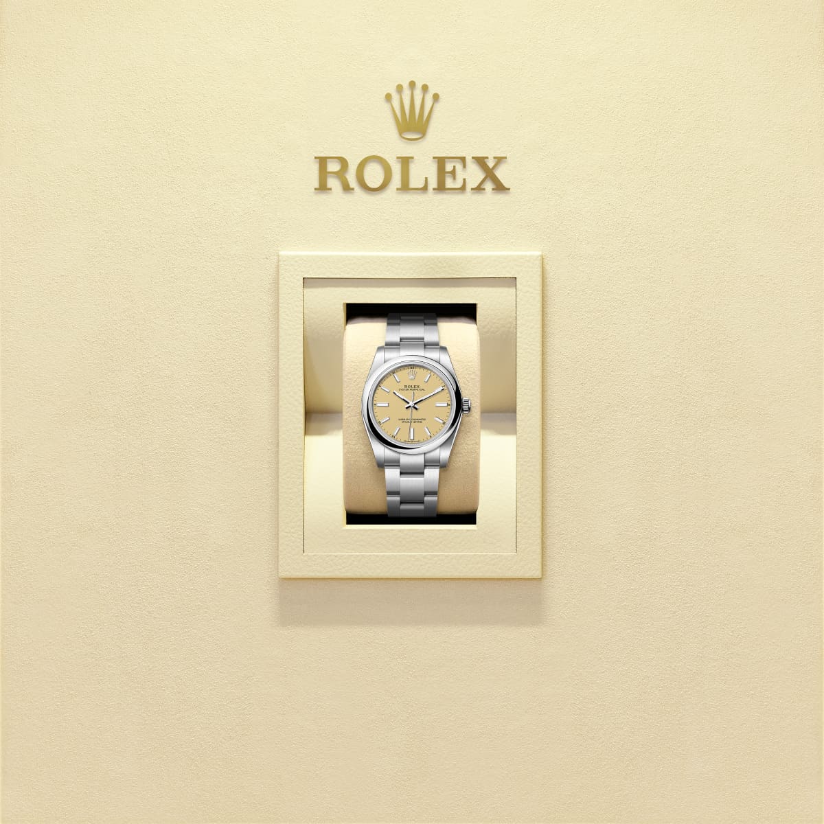 Unworn 2025, Rolex Oyster Perpetual, Oystersteel, 34mm, Beige dial, Domed Oyster, Ref# 124200-0007, box and papers, Watch in box