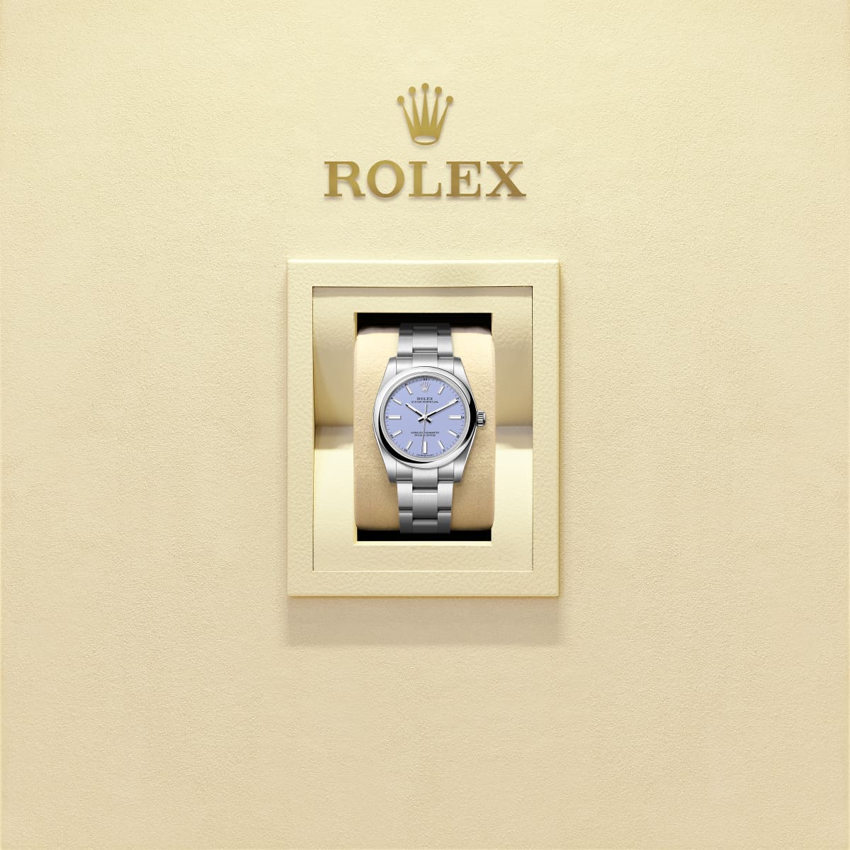 Unworn 2025, Rolex Oyster Perpetual, Oystersteel, 34mm, Lavender dial, Domed Oyster, Ref# 124200-0008, box and papers, Watch in box