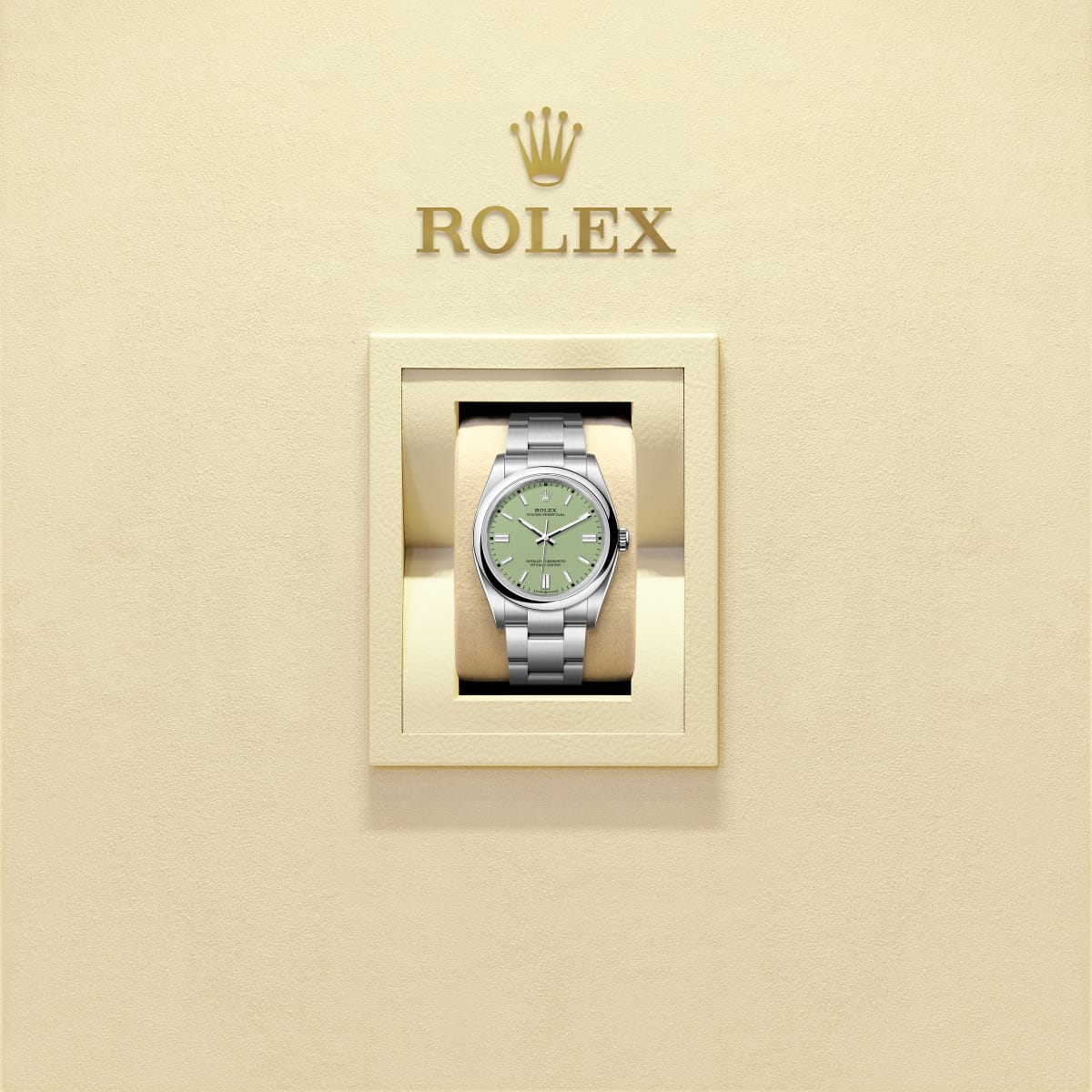 Unworn 2025, Rolex Oyster Perpetual, Oystersteel 41mm, Pistachio-green dial, Domed Oyster, Ref# 134300-0006, box and papers, Watch in box