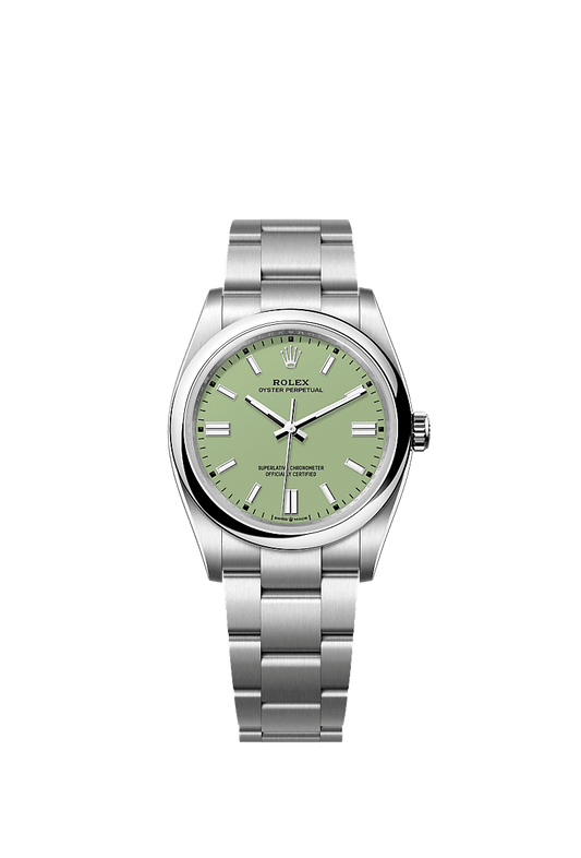 Unworn 2025, Rolex Oyster Perpetual, Oystersteel 36mm, Pistachio-green dial, Domed Oyster, Ref# 126000-0011, box and papers