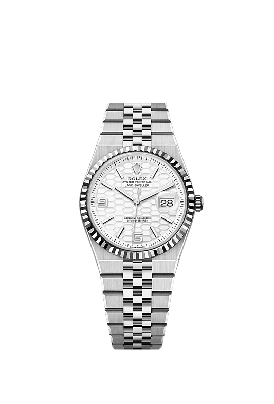Unworn 2025, Rolex Land-Dweller 36, Oystersteel and 18k White Gold, Intense white dial, Fluted Flat Jubilee, Ref# 127234-0001