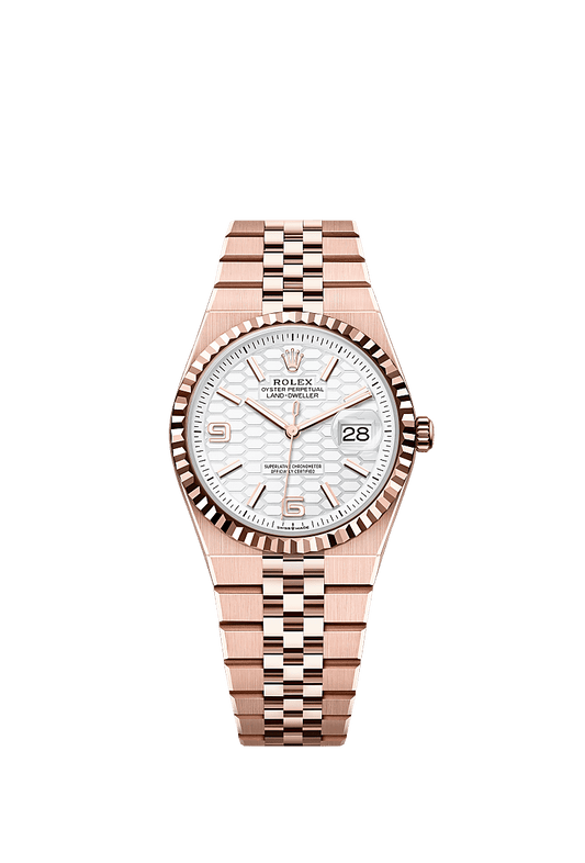 Unworn 2025, Rolex Land-Dweller 36, 18k Everose Gold, Intense white dial, Fluted Flat Jubilee, Ref# 127235-0001